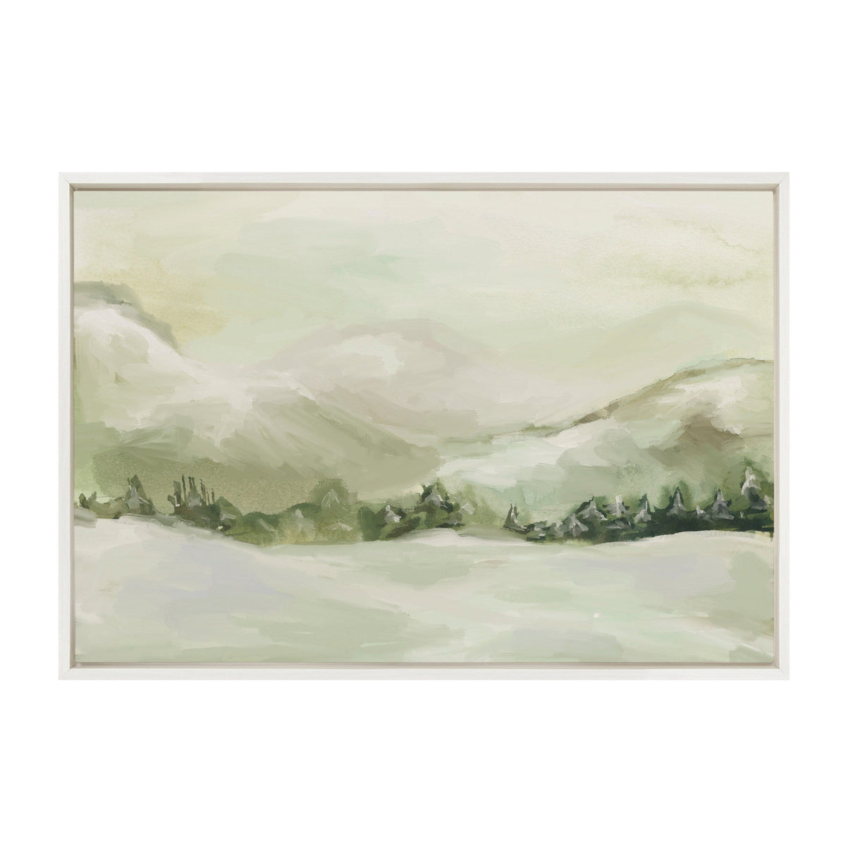 Softly painted winter landscape with pale green and beige hills, a cluster of dark green pine trees in the midground, and vague mountain silhouettes in the background framed in light wood.