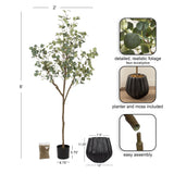 Six-foot-tall faux eucalyptus tree with detailed green foliage in a black planter with included moss and simple assembly parts shown