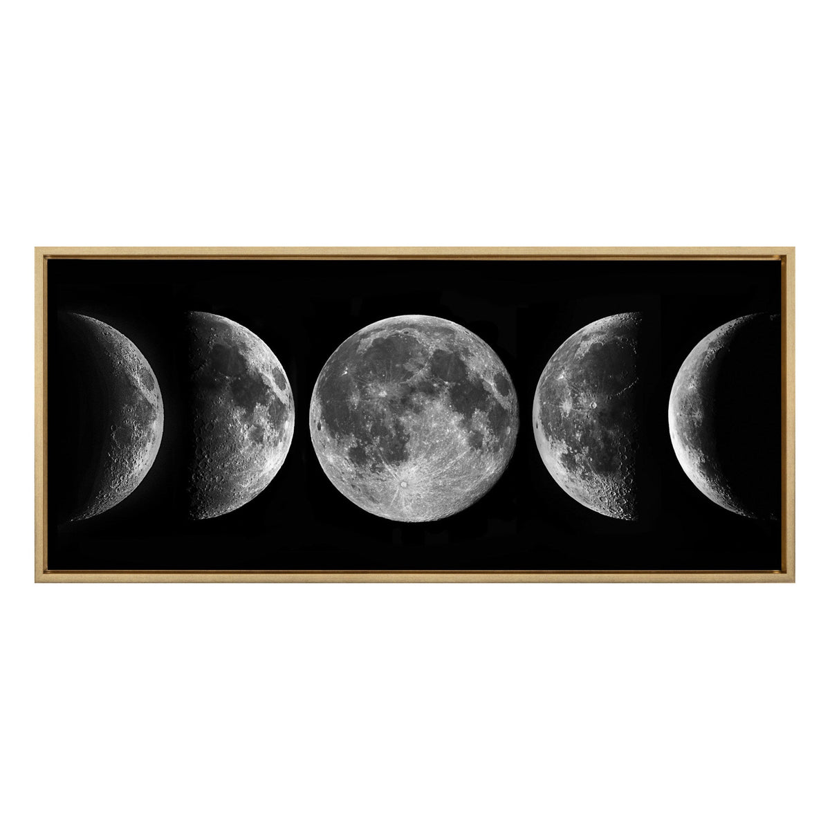 Framed canvas artwork displaying five detailed lunar phases from crescent to full moon on a black background with a light wood frame.