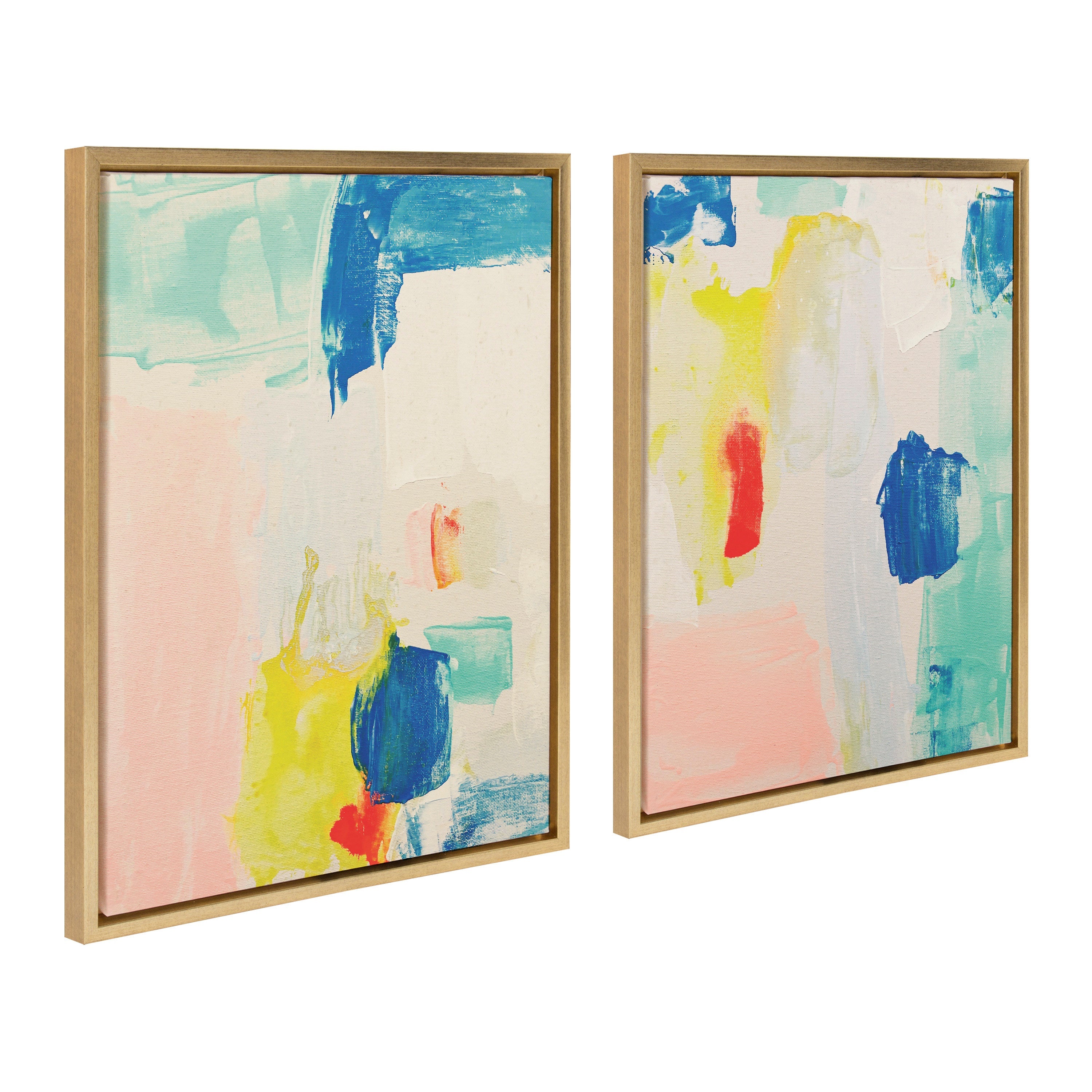 Sylvie Pop of Color I and II framed canvas art set featuring abstract brushstrokes in gold tones