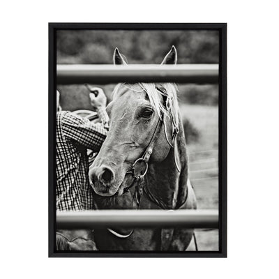 Sylvie Photo Saddling Horse Framed Canvas by The Whiskey Ginger