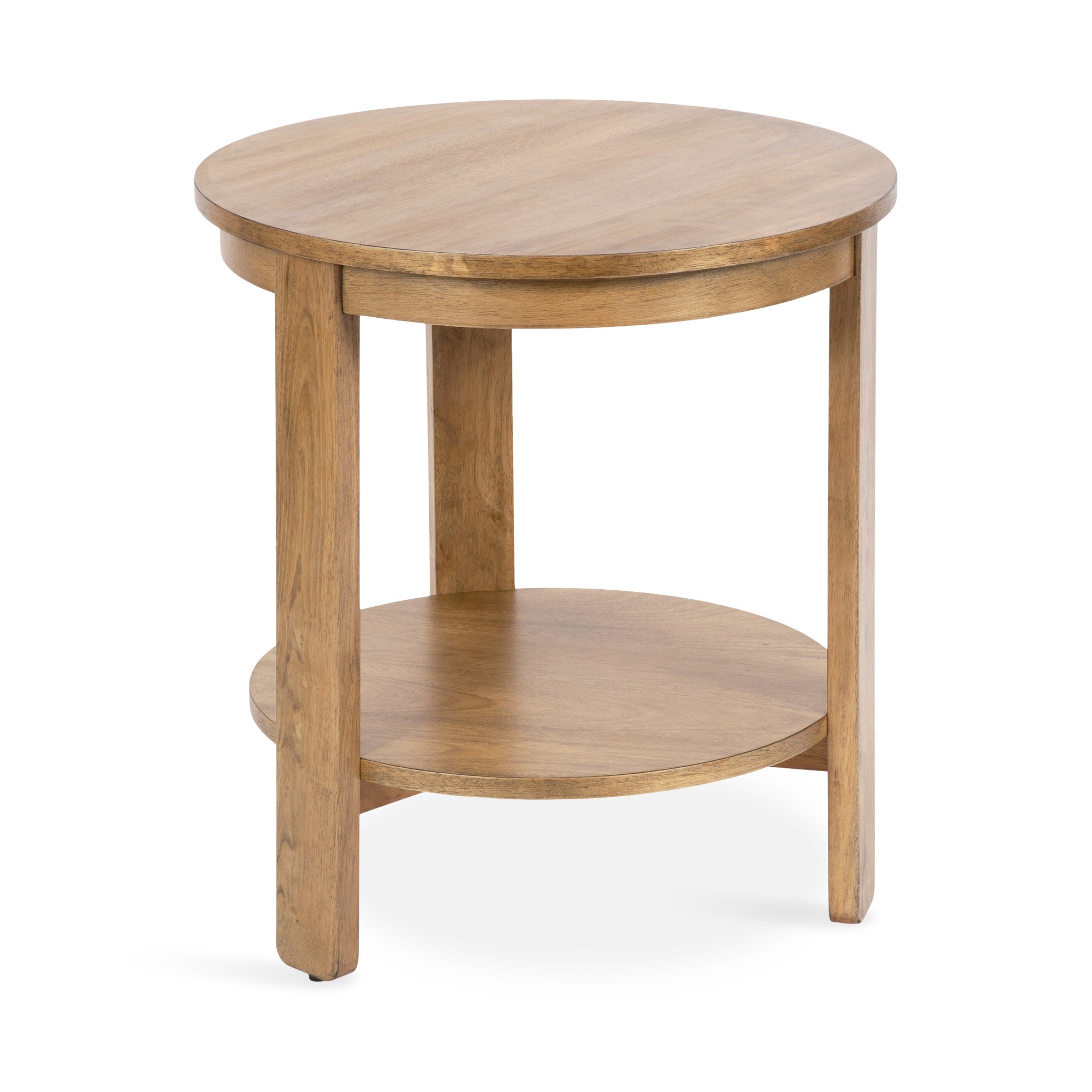 Foxford Round Wood Side Table shown with two wooden tiers and a round wood top in a bright room setting
