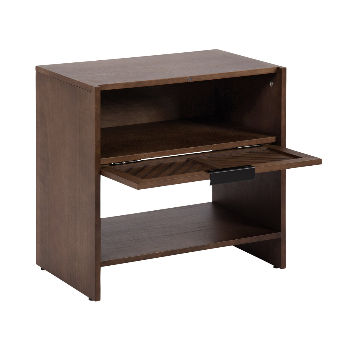 Brown wooden side table with an open compartment, a drop-down hinged door with a black handle, and a lower open shelf, shown against a white background.