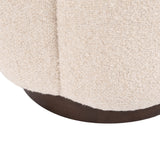 Close-up of a beige textured fabric with a vertical seam above a round dark brown wooden base.