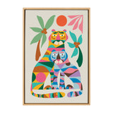 Canvas artwork showing two stylized tigers with geometric patterns in bright colors, surrounded by tropical leaves and a red sun against a cream background.