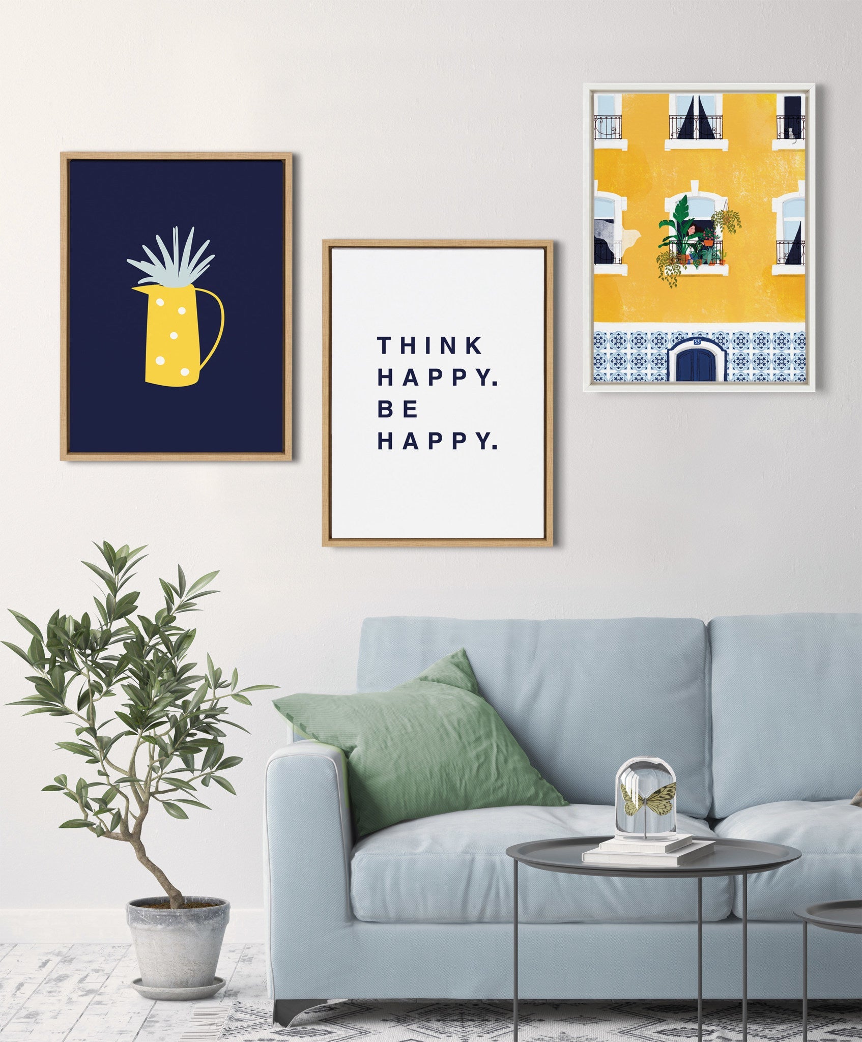 Sylvie Think Happy Be Happy Blue Framed Canvas by kateandlaurel - product image 7 for Resin Society