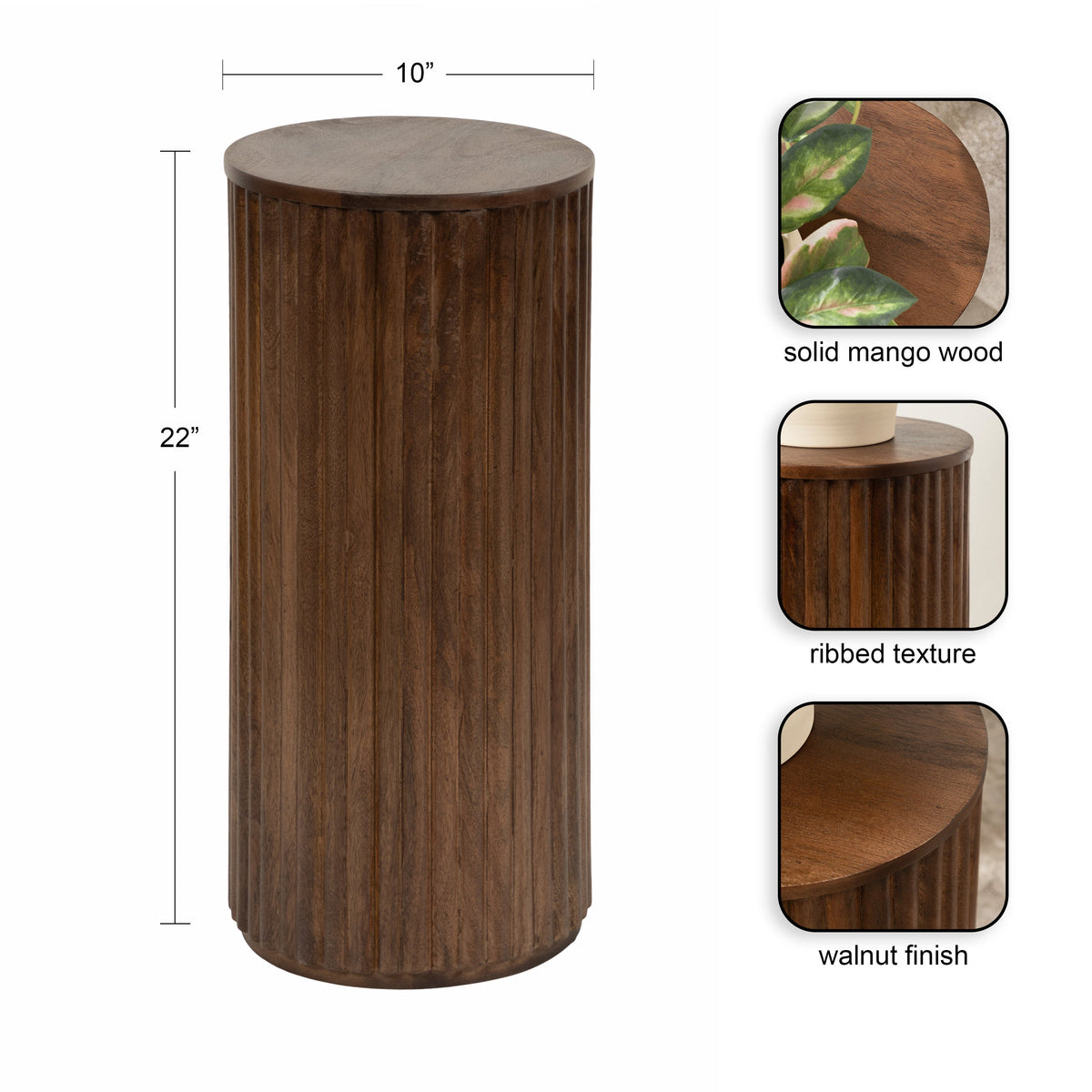 Tall cylindrical wooden side table with ribbed texture, solid mango wood, and walnut finish, measuring 10 inches wide and 22 inches high.