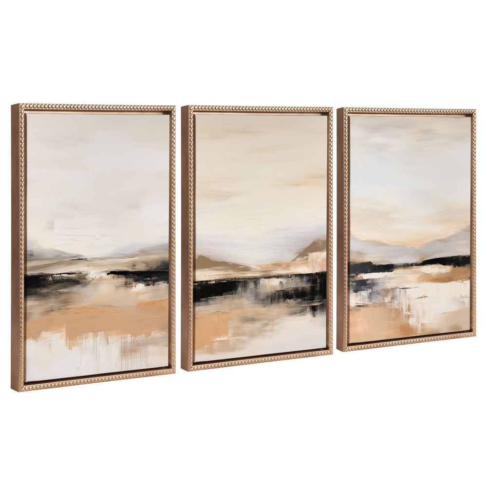 Sylvie Peaceful Landscape I, II and III framed canvas art set showing rolling hills and an open valley in soft colors