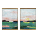 Two framed abstract landscape paintings with green and blue foregrounds, dark hills, and soft pastel skies with pink, yellow, and blue hues, side by side.