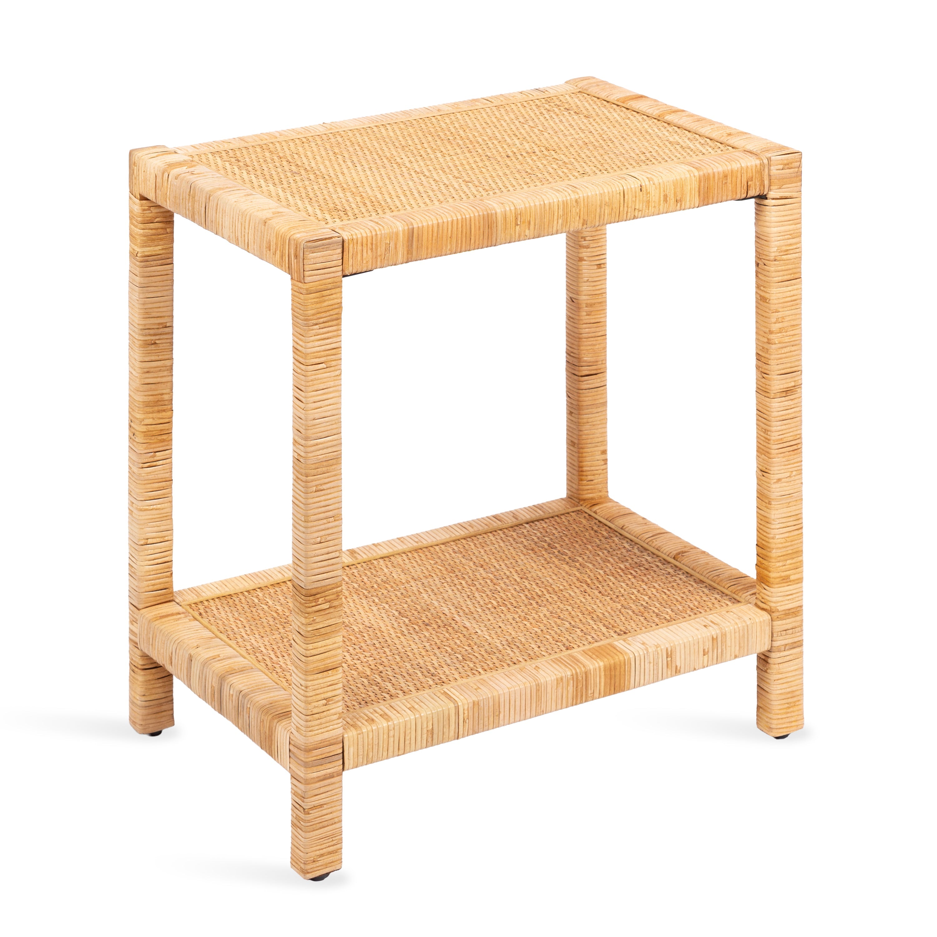 Rafina Rattan Rectangle Side Table showing natural cane wrapping on tapered legs and tiered rectangular surface