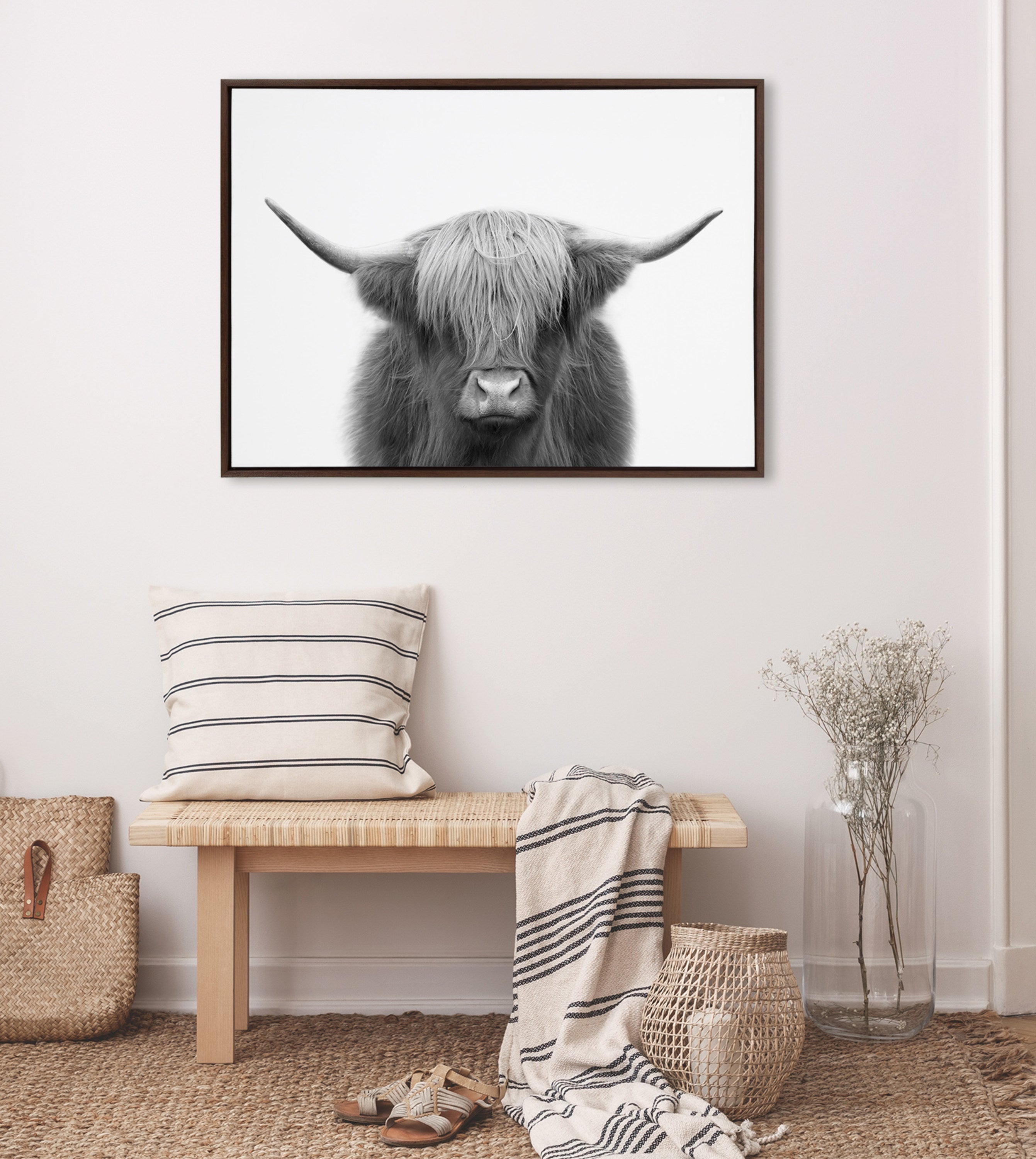Sylvie Hey Dude Highland Cow BW Framed Canvas by The Creative Bunch Studio