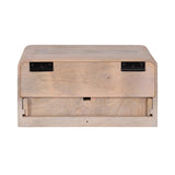 Light wood rectangular box with a slightly curved top and two black metal hinges on the upper back edge, featuring a recessed sliding panel at the front bottom.