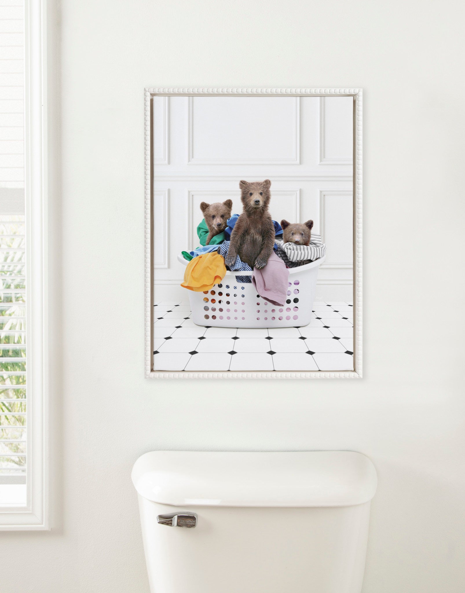 Sylvie Beaded Three Bears In Laundry Basket Classic White Style Framed Canvas by Amy Peterson