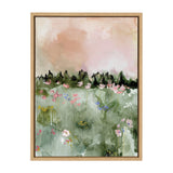 Abstract floral landscape with soft pink and peach sky above green foliage and scattered blossoms in white, pink, yellow, and blue, framed in light wood.