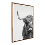 Black and white portrait of a Highland cow with long shaggy hair covering its eyes and one prominent curved horn, framed in a simple wooden frame.