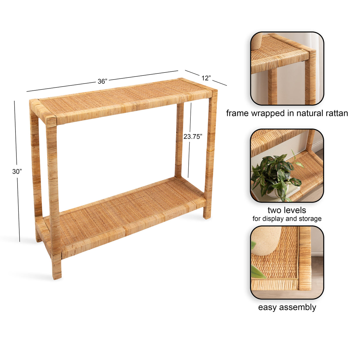 Rectangular rattan console table with natural light brown woven frame and two shelves for display and storage, shown with close-ups of woven texture and corner details.