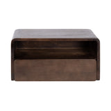 Dark wood floating side table with rounded edges, featuring an open storage shelf above a lower drawer, displayed against a white background.