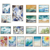 Fifteen framed artworks arranged in a grid, featuring abstract and impressionistic ocean scenes, fish schools, floral patterns, and sun motifs in blue, green, yellow, and earth tones.