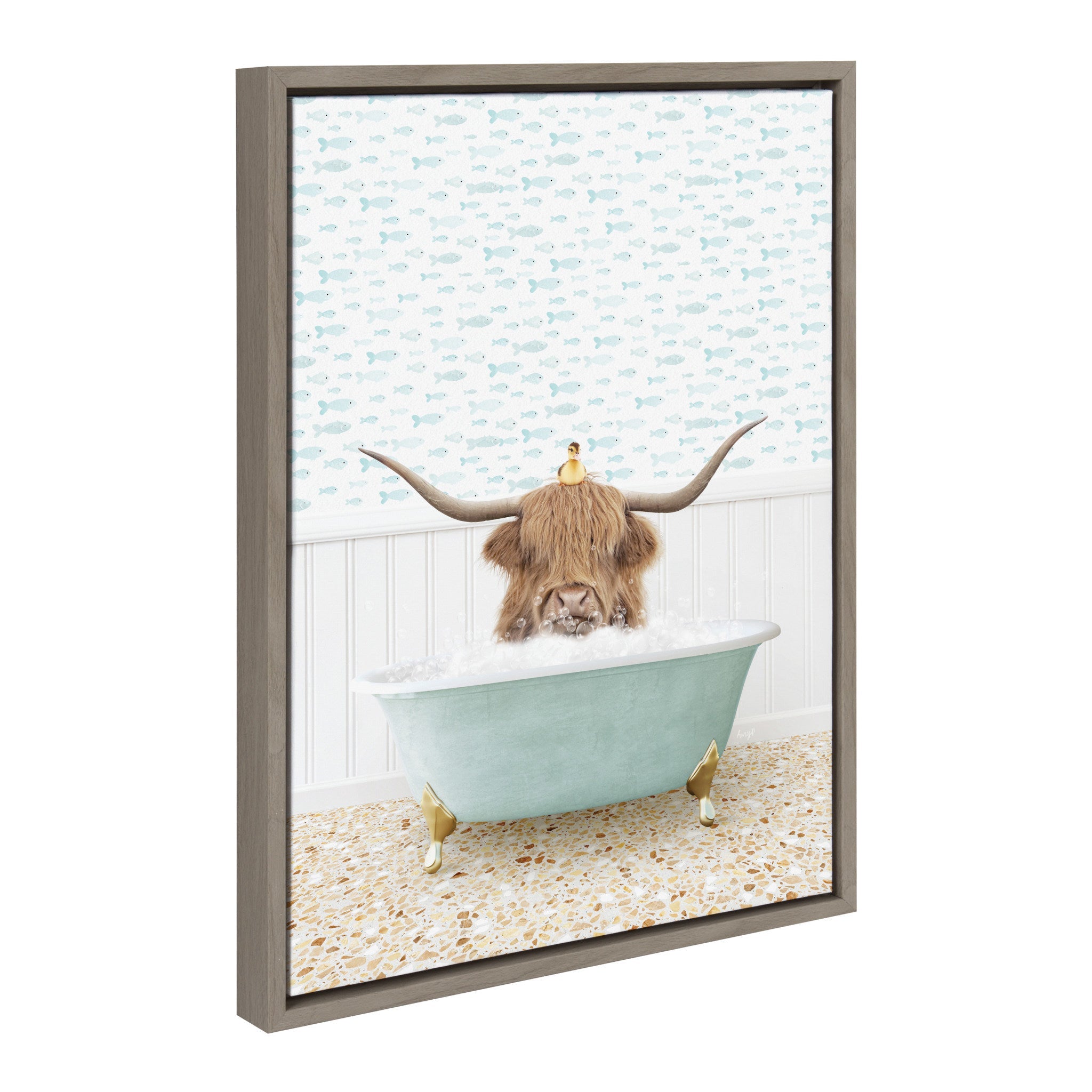 Framed canvas artwork showing a highland cow and duckling in a fish-shaped bath tub