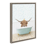 Framed canvas art of a shaggy Highland cow with large horns in a blue clawfoot bathtub filled with bubbles, topped by a small yellow duckling, against fish-patterned wallpaper.
