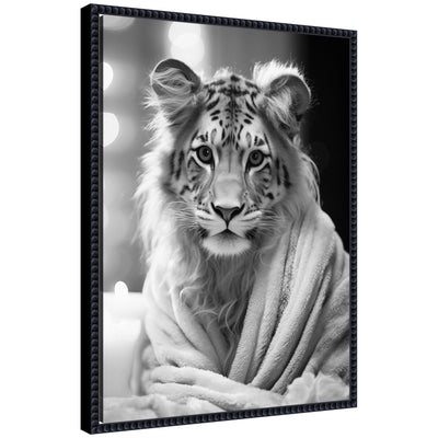 Black and white framed canvas art of a stylized tiger wearing a bathroom towel robe, framed in a beaded black frame.