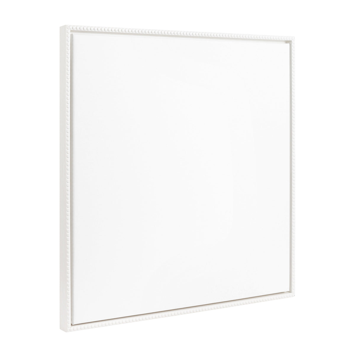Square blank white canvas tightly framed in a white beveled frame with subtle decorative beading, shown at an angled front view.