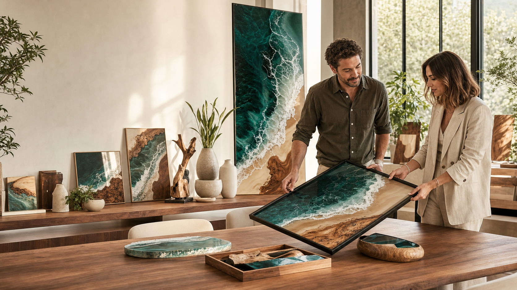 Artist and curator reviewing resin art in a warm studio gallery