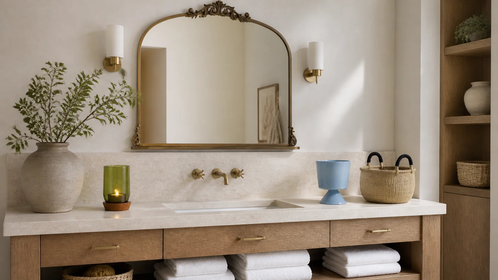 Luxury primary bathroom styled with a decorative mirror, vase and candles
