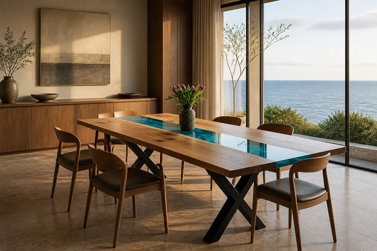 Blue Odyssey custom walnut and resin dining table in a refined coastal dining room
