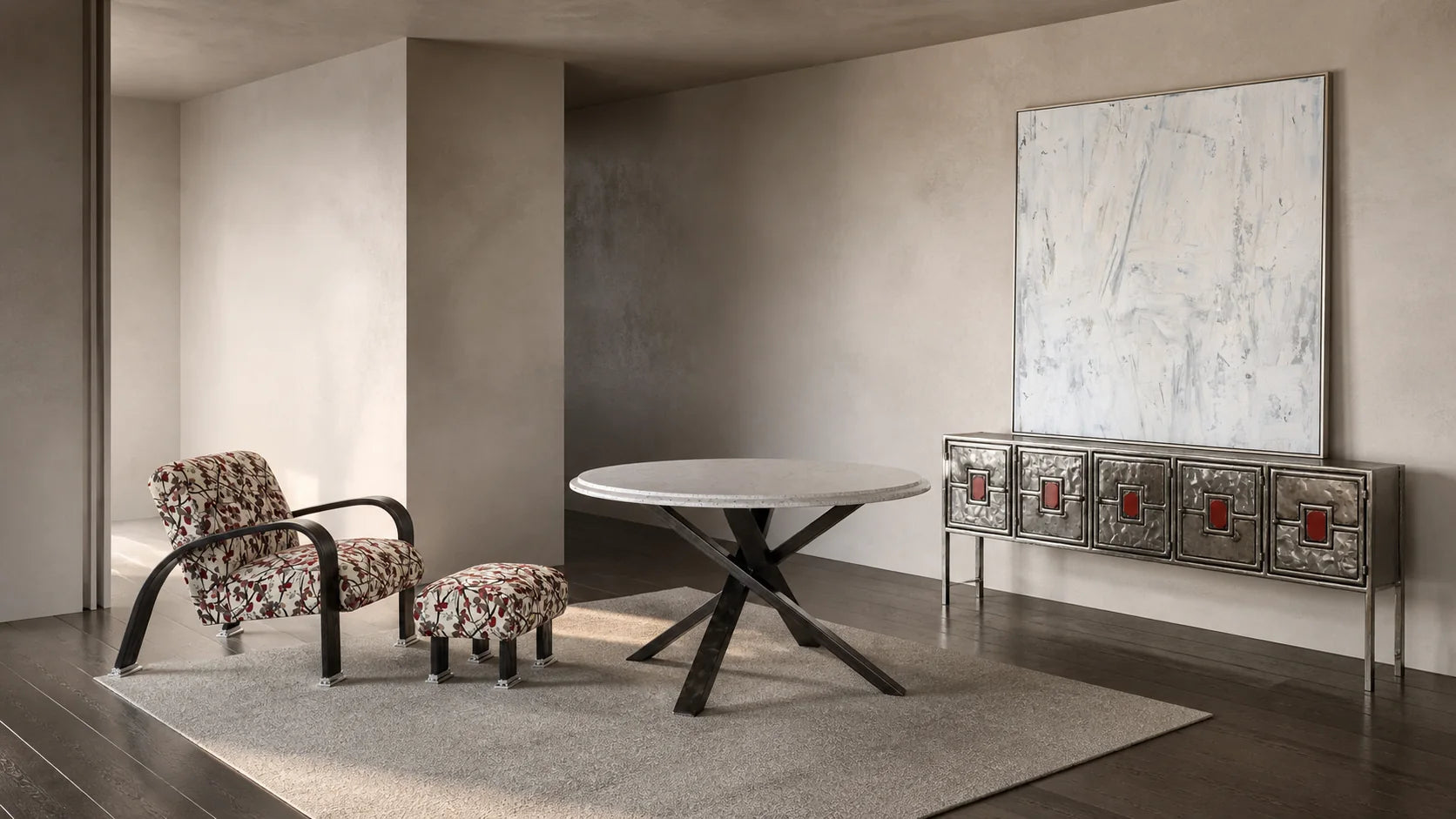 Luxury home office styled with a live-edge resin desk and sculptural table lamp