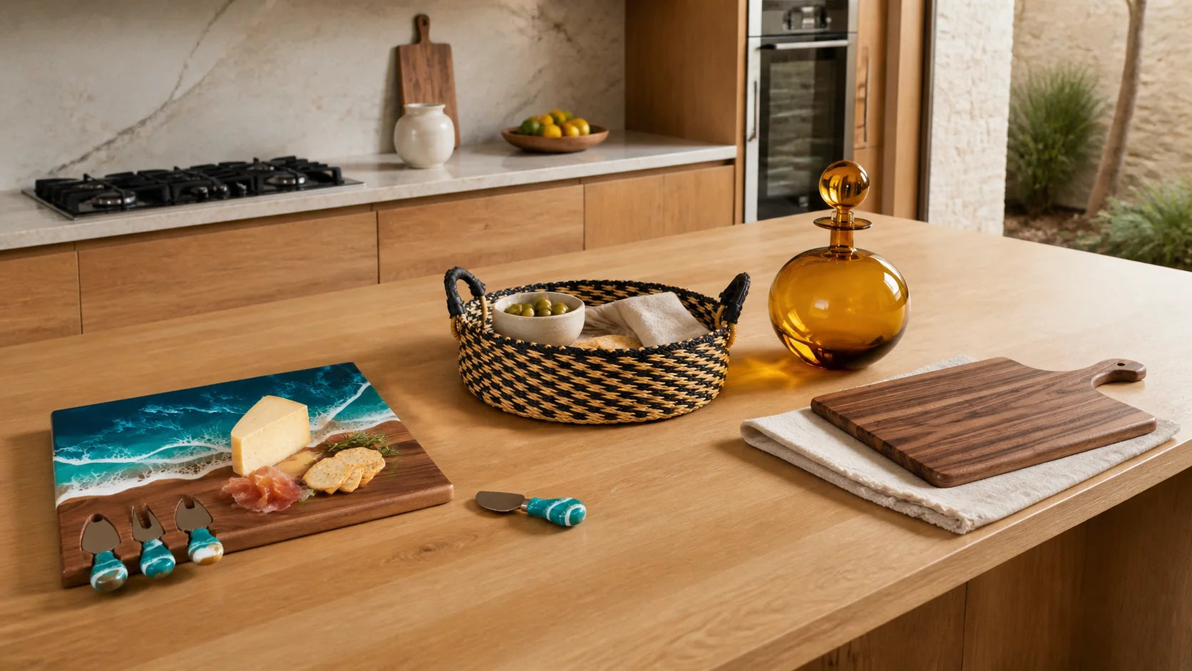 Kitchen styled with Resin Society serving boards, table linens and objects