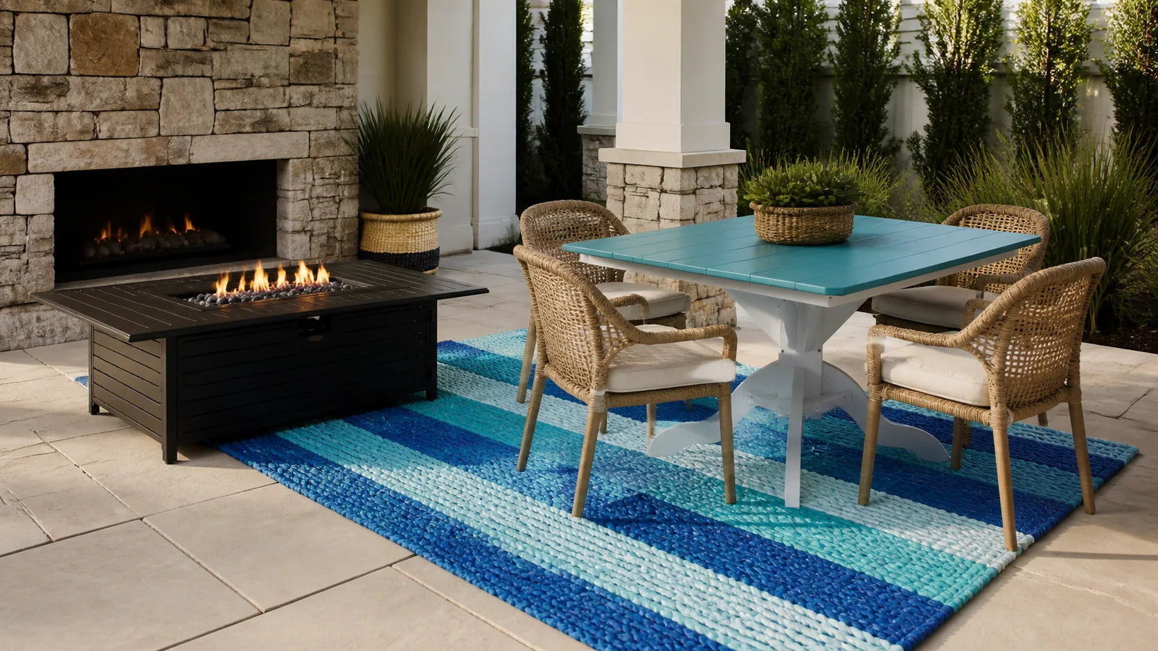 Covered coastal patio styled with Resin Society outdoor furniture and garden pieces