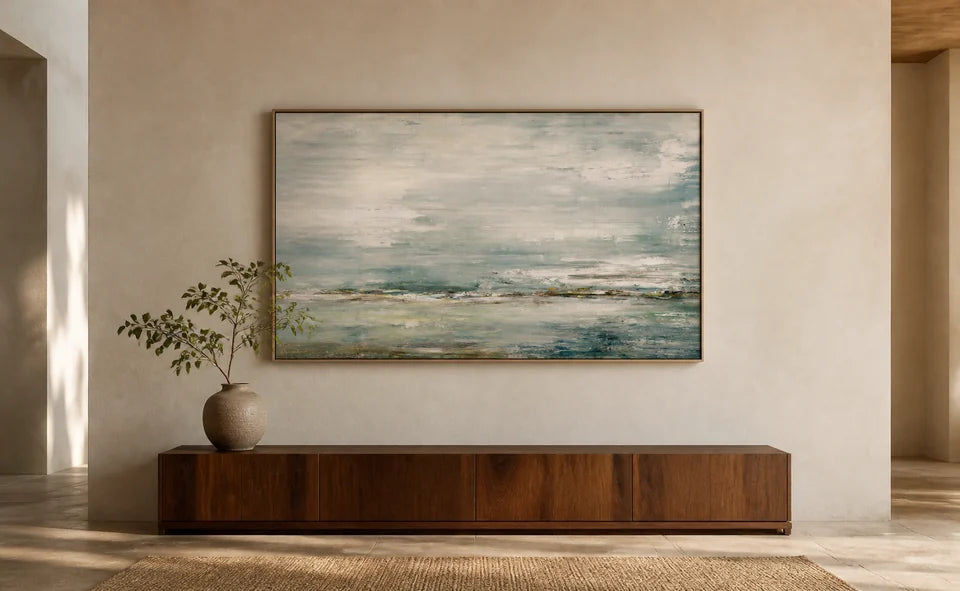 An interior featuring a collection of artwork.