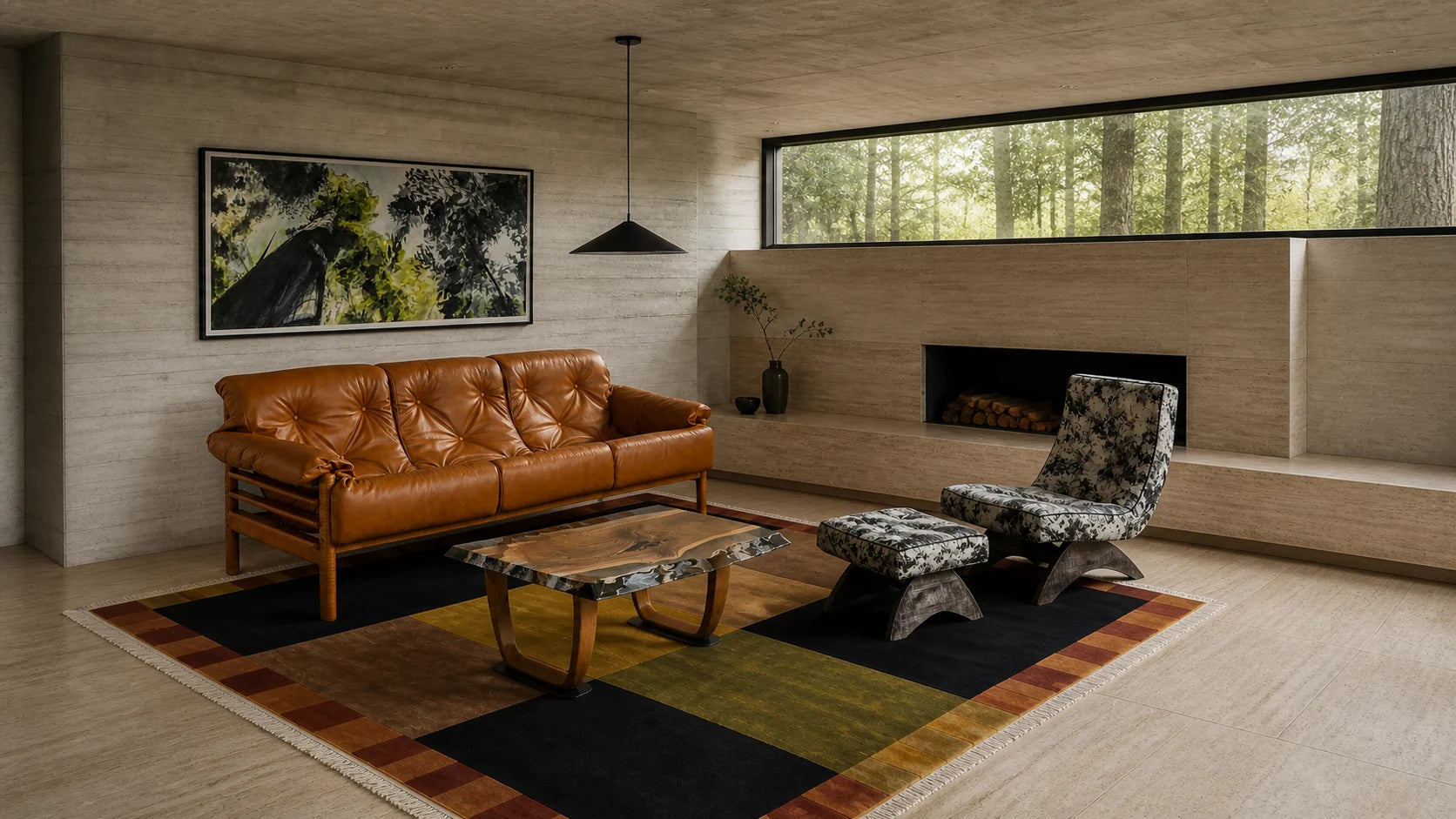 A shoppable Resin Society room with original art, furniture, lighting, a resin table and hand-knotted rug