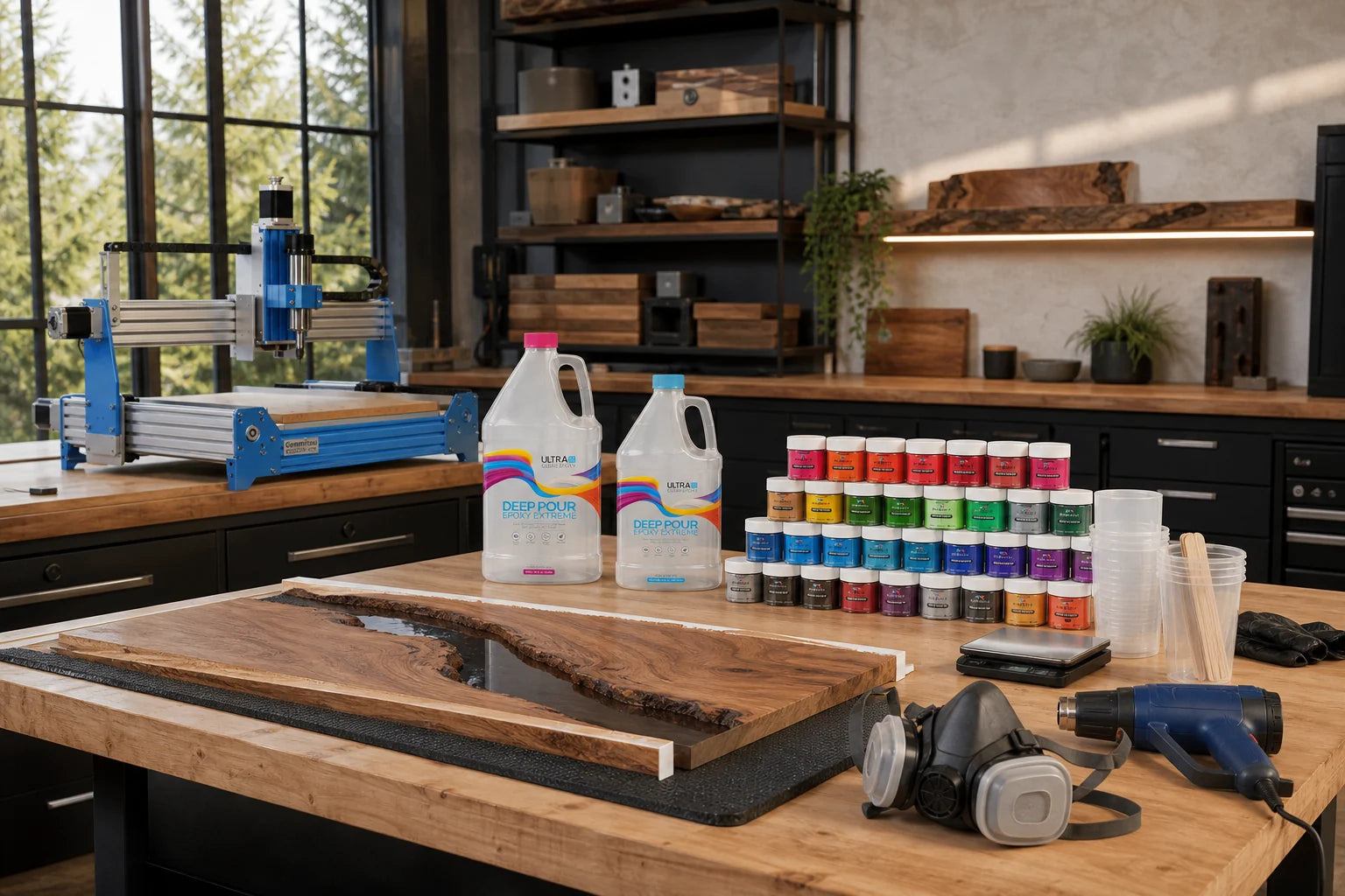 Shop UltraClear epoxy, Pigmently pigments and a PROVerXL CNC router in a complete resin workshop