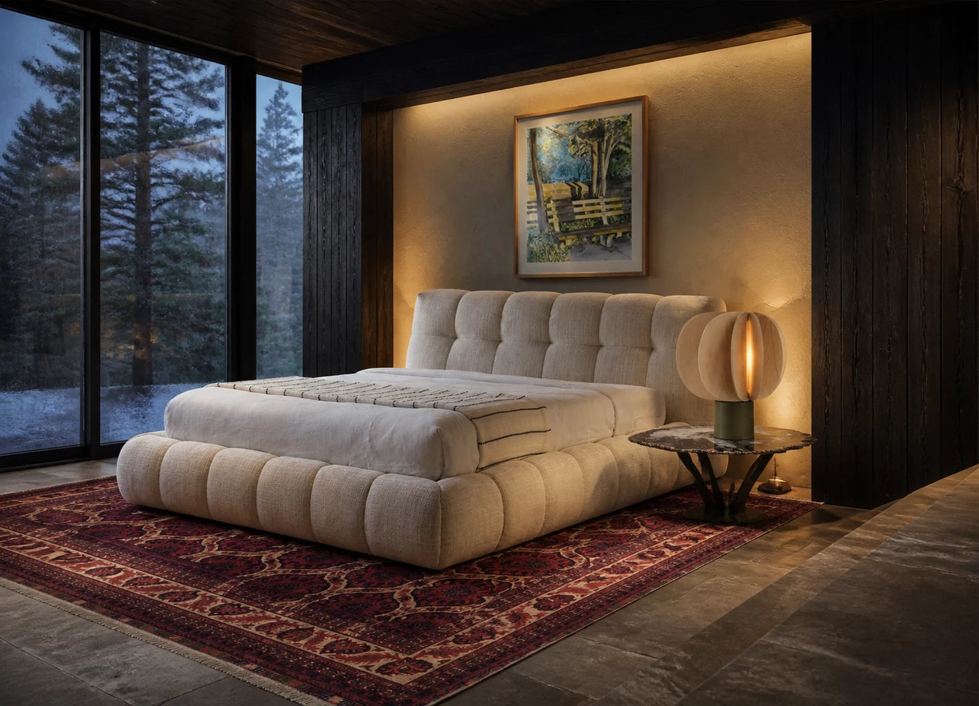 Shop a Resin Society bedroom with the Cloud King Bed, original watercolor, sculptural lighting and a hand-knotted rug
