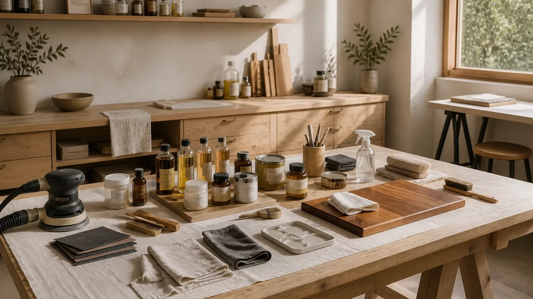 High-end finishing studio with sanding, polishing, oils and surface-care supplies