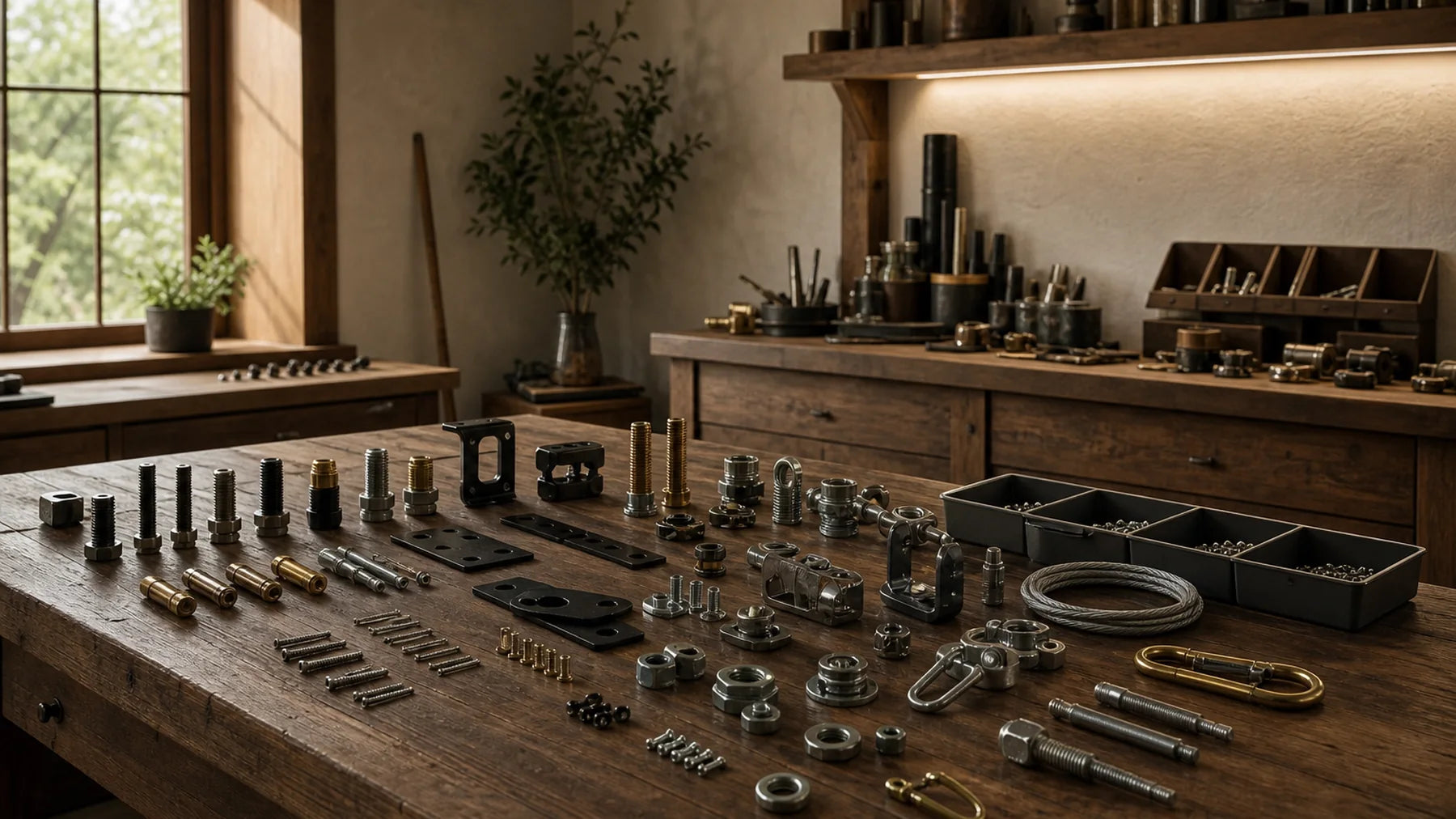 Premium bolts, fasteners, connectors and project hardware organized on a woodworker bench