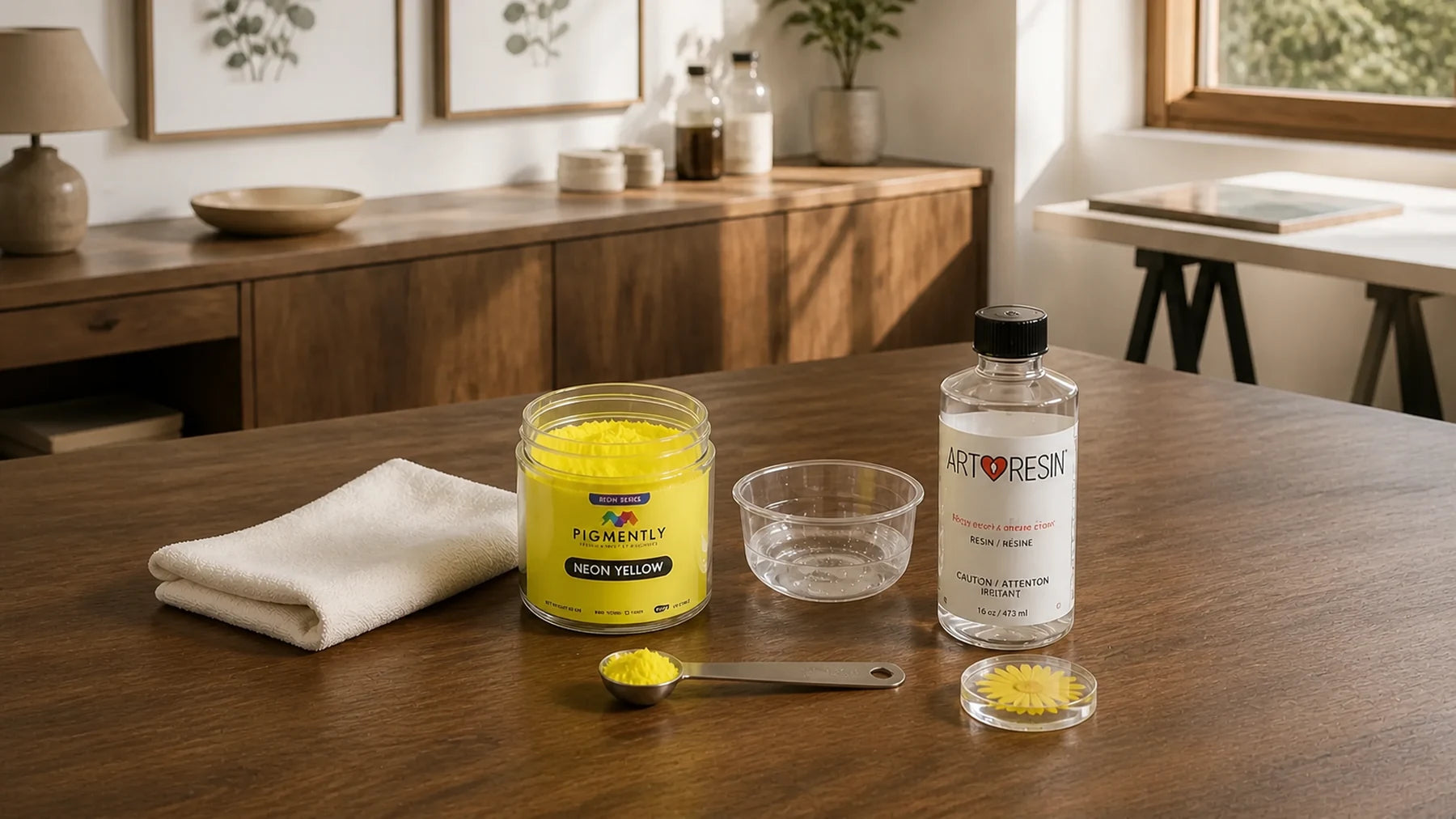 Artist pigment studio with mica powders, liquid colors and resin additives