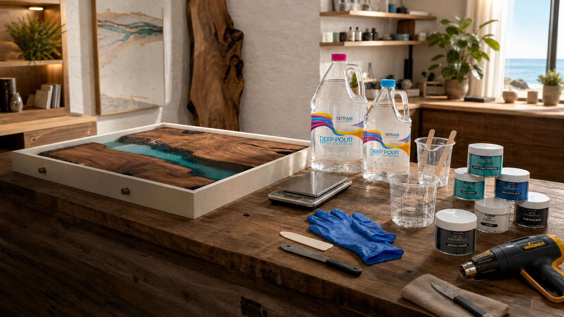Professional resin casting workshop with epoxy, molds and measuring supplies