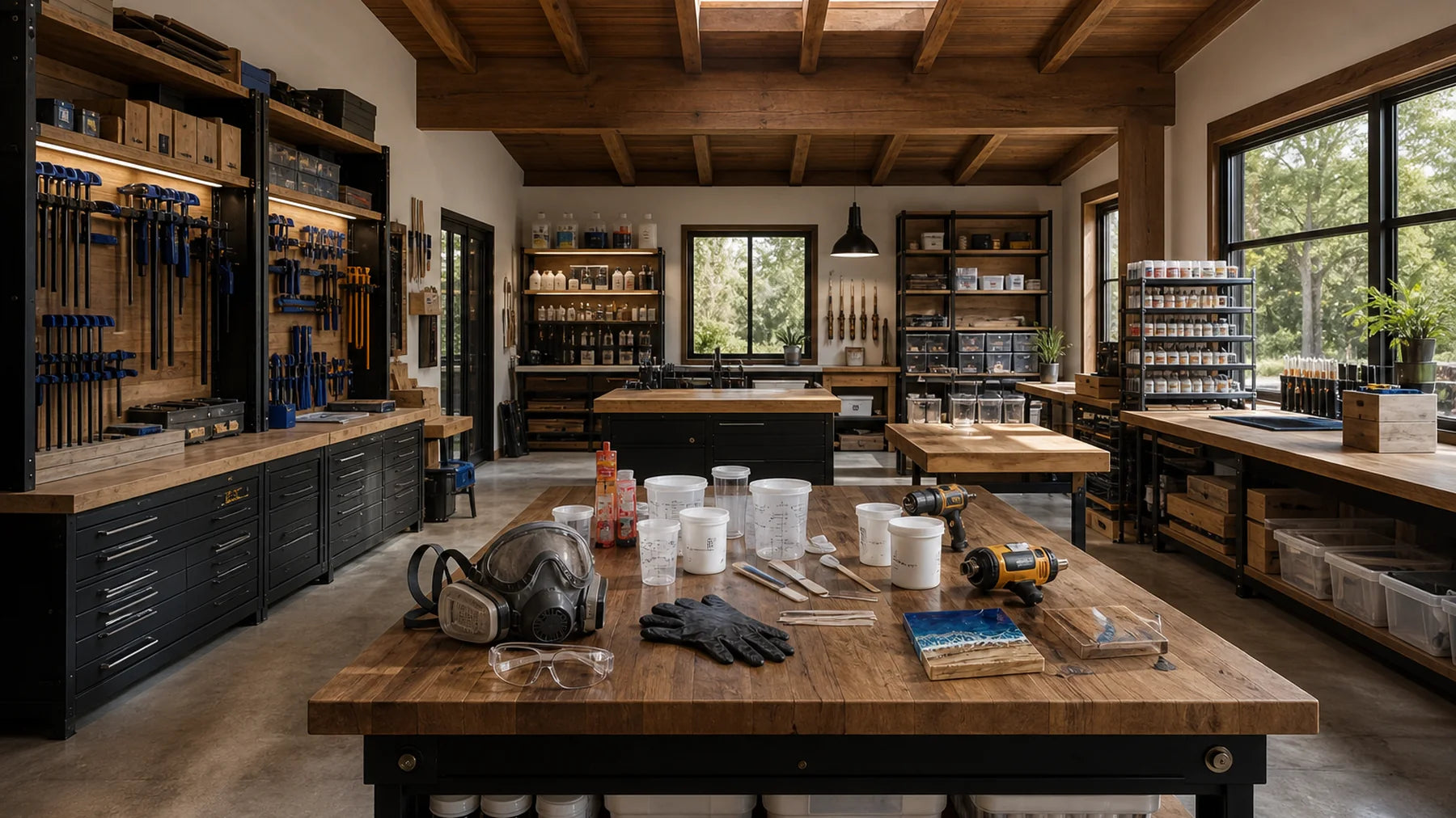 Organized maker workshop with safety, tool storage, workholding and mixing supplies
