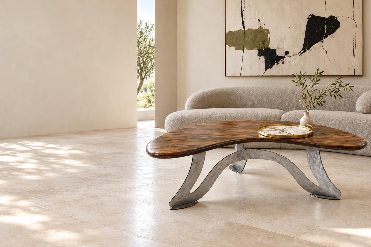 Softly lit cream living room with a Boomerang ash and steel coffee table, a gold-rimmed Lynn & Liana resin tray, curved seating and abstract artwork.