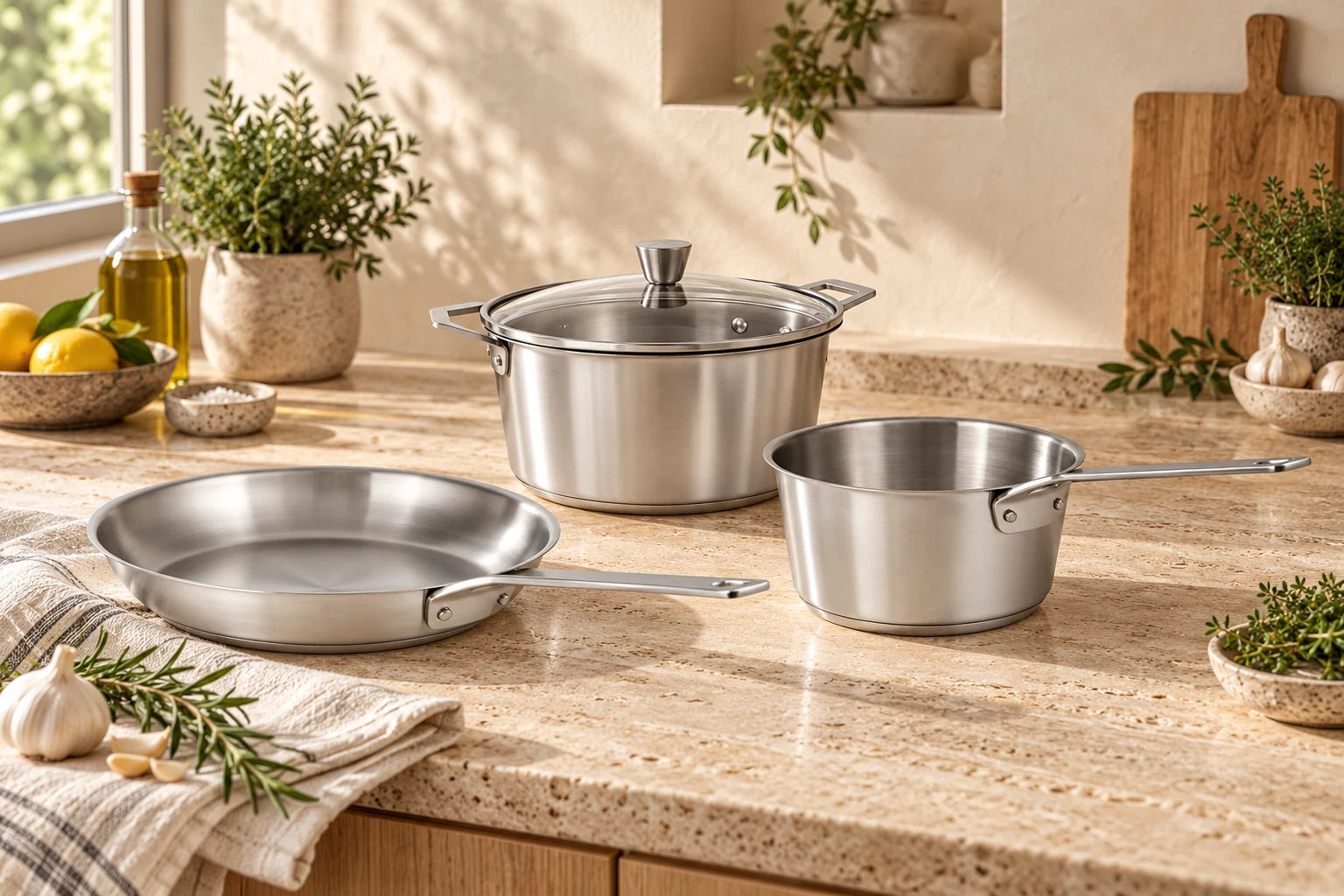 CRISTEL cookware and accessories styled in a kitchen