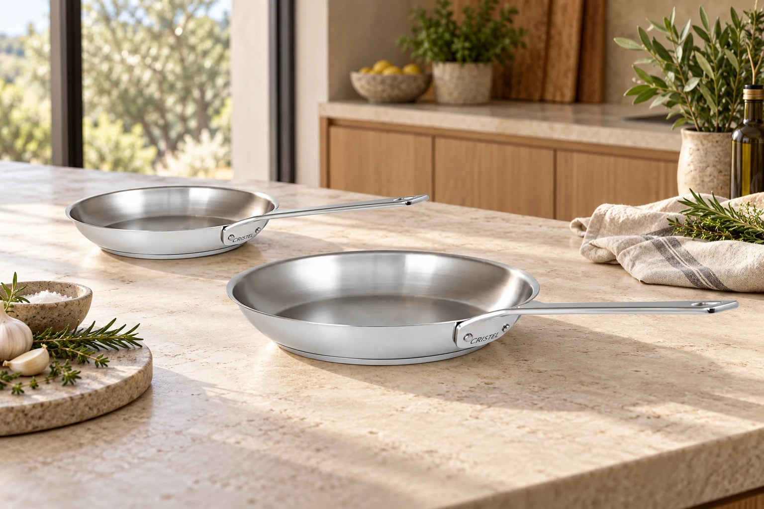 CRISTEL cookware and accessories styled in a kitchen
