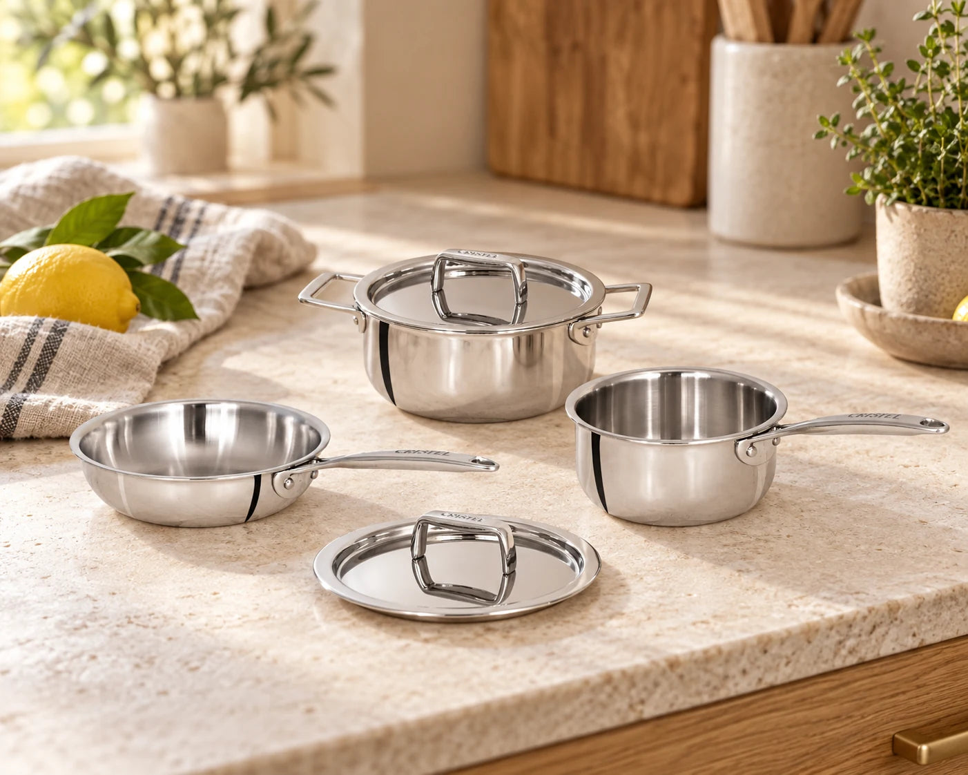 CRISTEL cookware and accessories styled in a kitchen