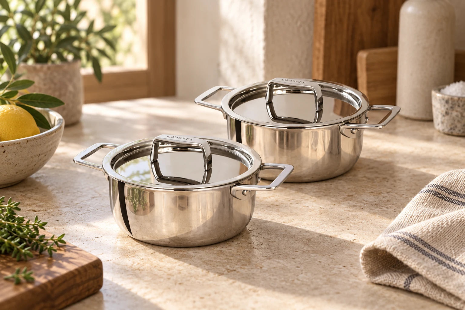 CRISTEL cookware and accessories styled in a kitchen