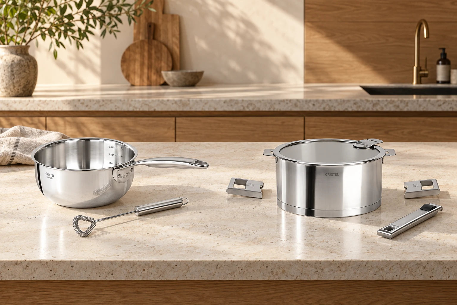 CRISTEL cookware and accessories styled in a kitchen