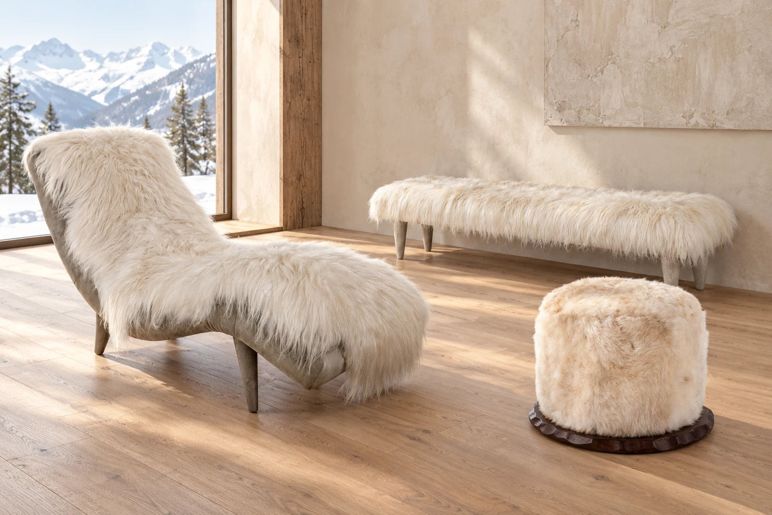 Enrico Bartolini Icelandic sheepskin chaise and bench with a cream swivel pouf in an alpine sitting room