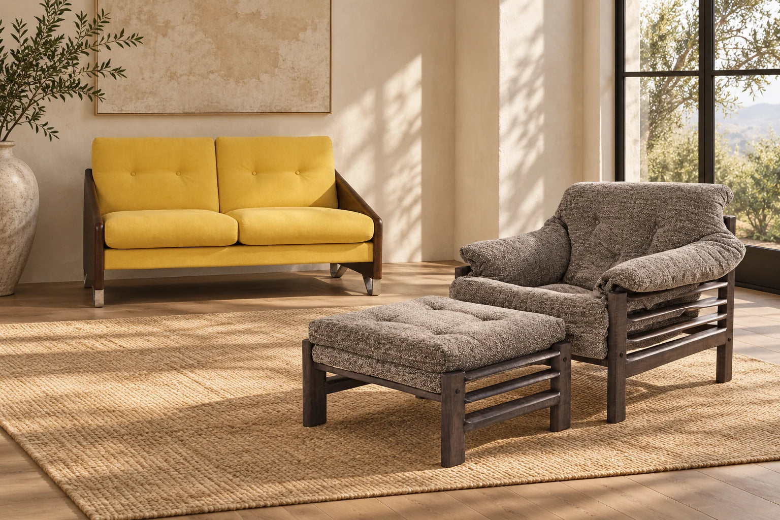 Enrico Bartolini yellow Peyton Mimosa loveseat beside the gray Oswalt Sterling chair and matching ottoman in a sunlit living room