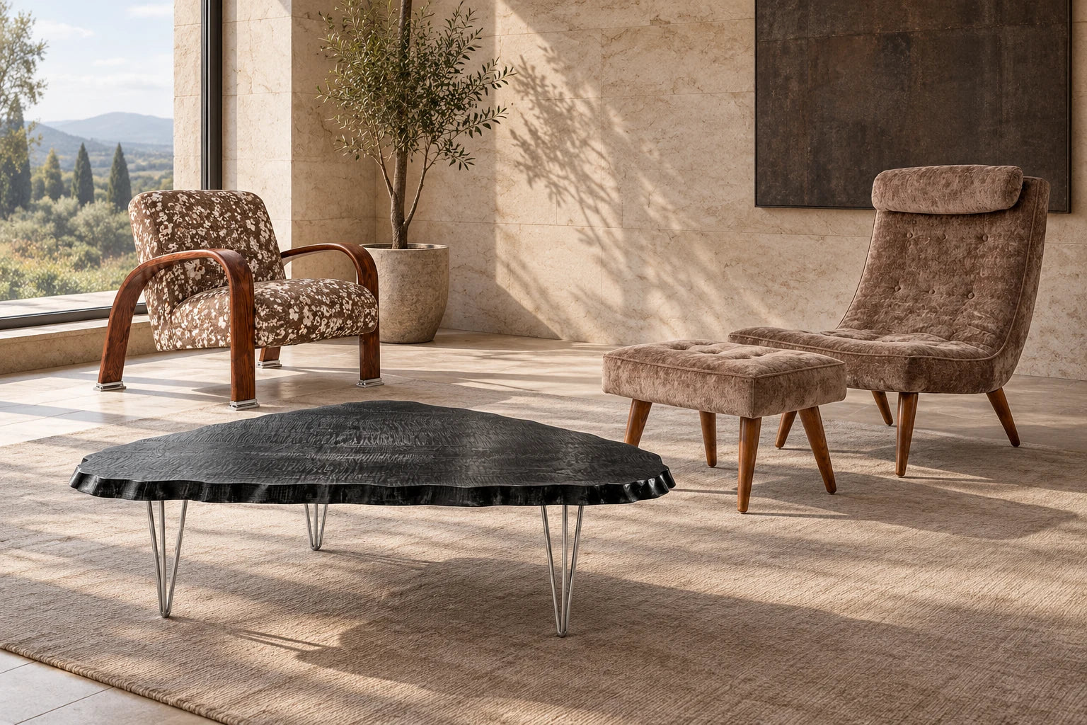 Enrico Bartolini Flowers chair and Martin Bark chair with ottoman beside a black figured maple table